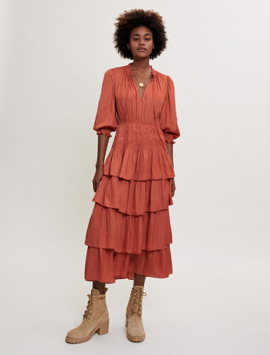 V领泡泡袖连衣裙 : Dresses 顏色 桔色/ORANGE