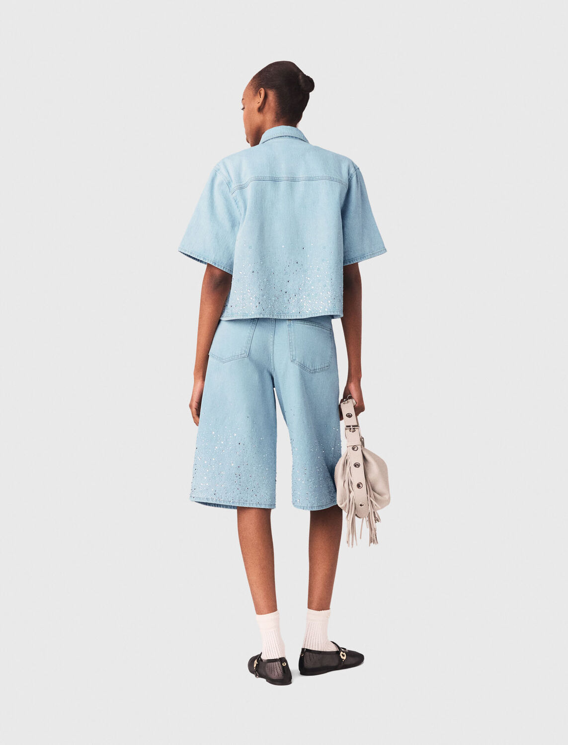 Cropped rhinestone denim shirt - Shirts - MAJE