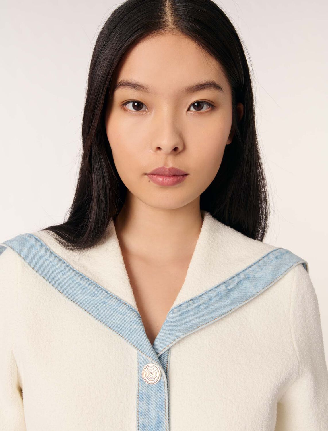 Crew-neck denim-detail cardigan : Sweaters & Cardigans color Ecru