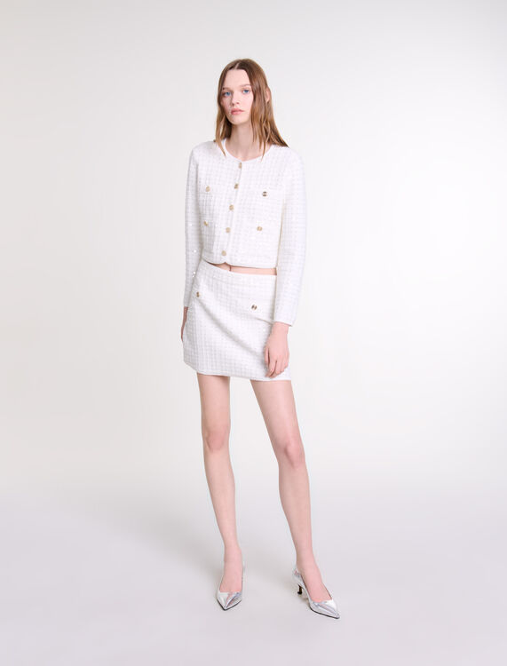 Short sequinned knit skirt : View All color Off White