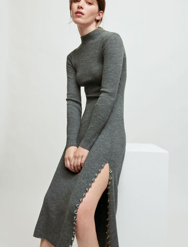 Knitted slit dress with piercings : Dresses color Grey