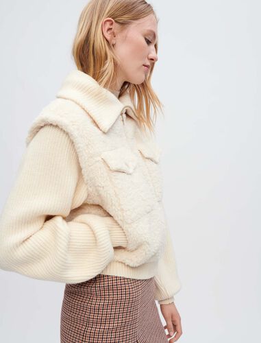 Faux fur and knit jacket : Coats & Jackets color Ecru