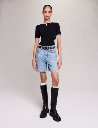 Flared denim shorts with rhinestones : Skirts & Shorts color Blue