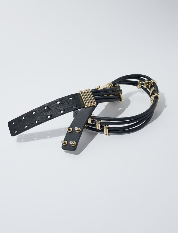 Mixed metal and leather belt : View All color Black