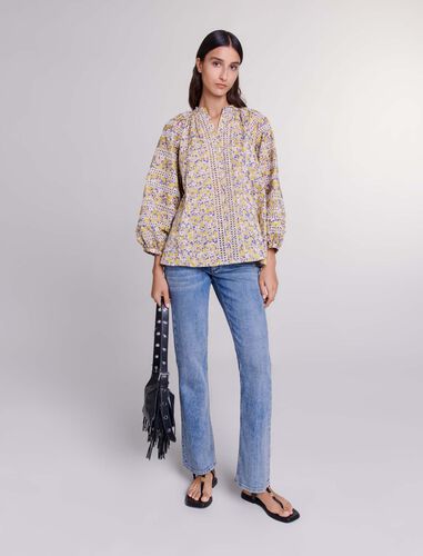 Patterned embroidered blouse : Tops color Print Embroided Flowers Beige
