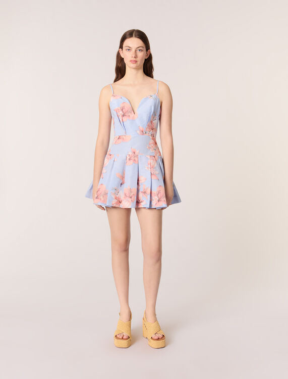 Short patterned taffeta dress : Dresses color Orange flower print