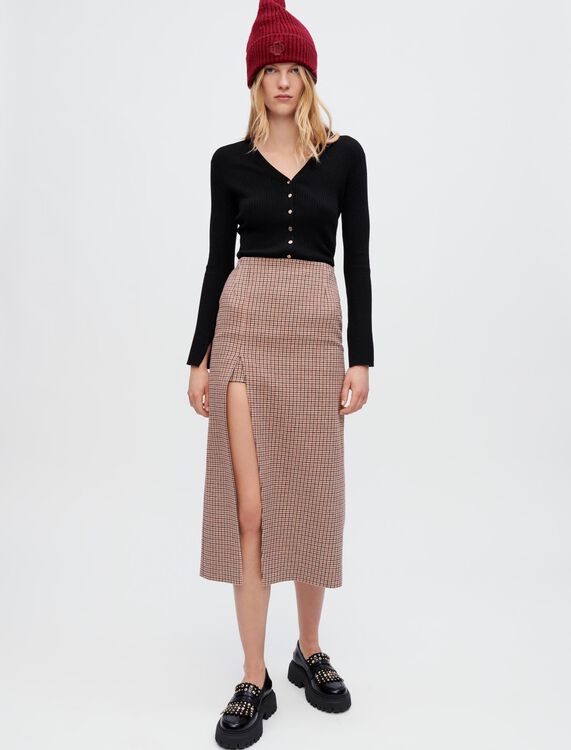 Houndstooth midi skirt with split - Skirts & Shorts - MAJE