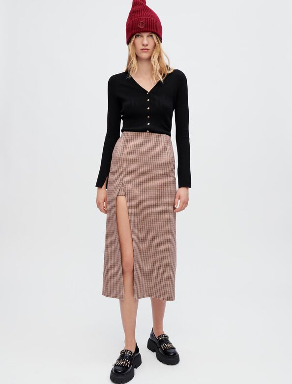 Houndstooth midi skirt with split : Skirts & Shorts color Camel