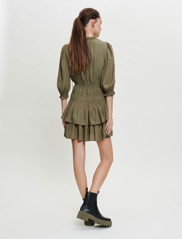 Satin dress with smocking and ruffles : Dresses color Khaki