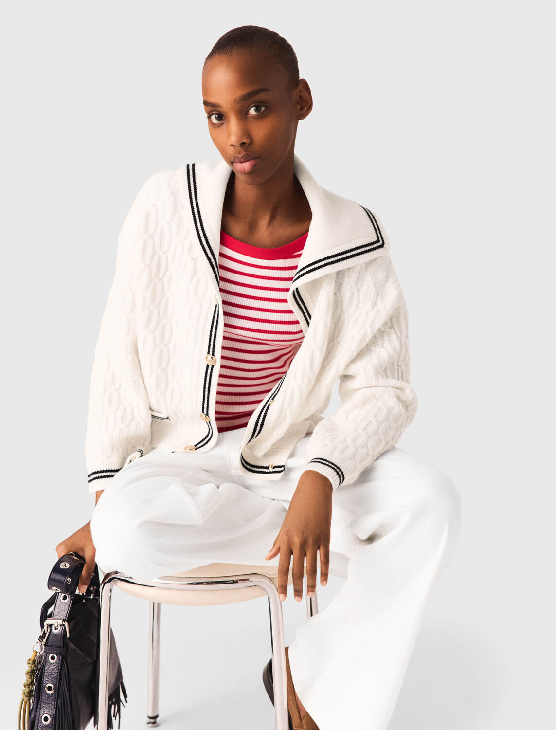 Cable-knit boat neck cardigan : Sweaters & Cardigans color Ecru