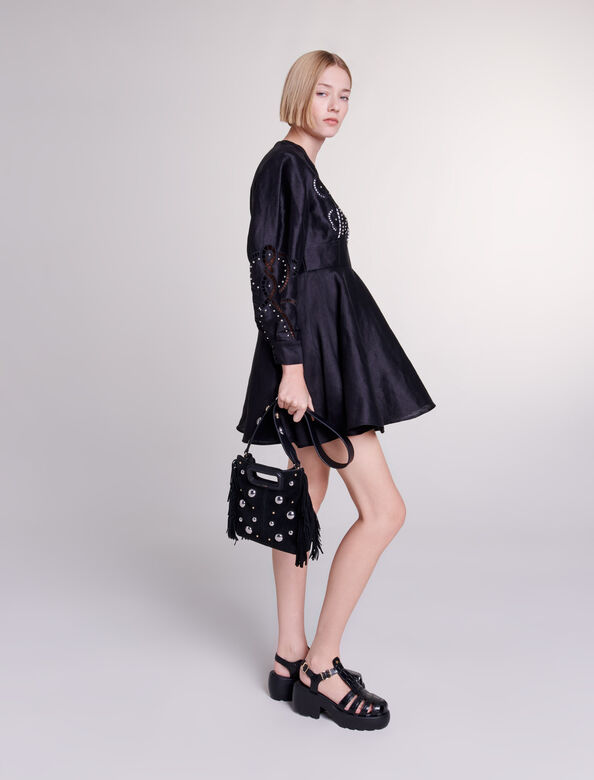Short embroidered linen dress : View All color Black