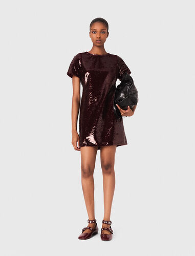 Embroidered sequin short dress : Dresses color Burgundy