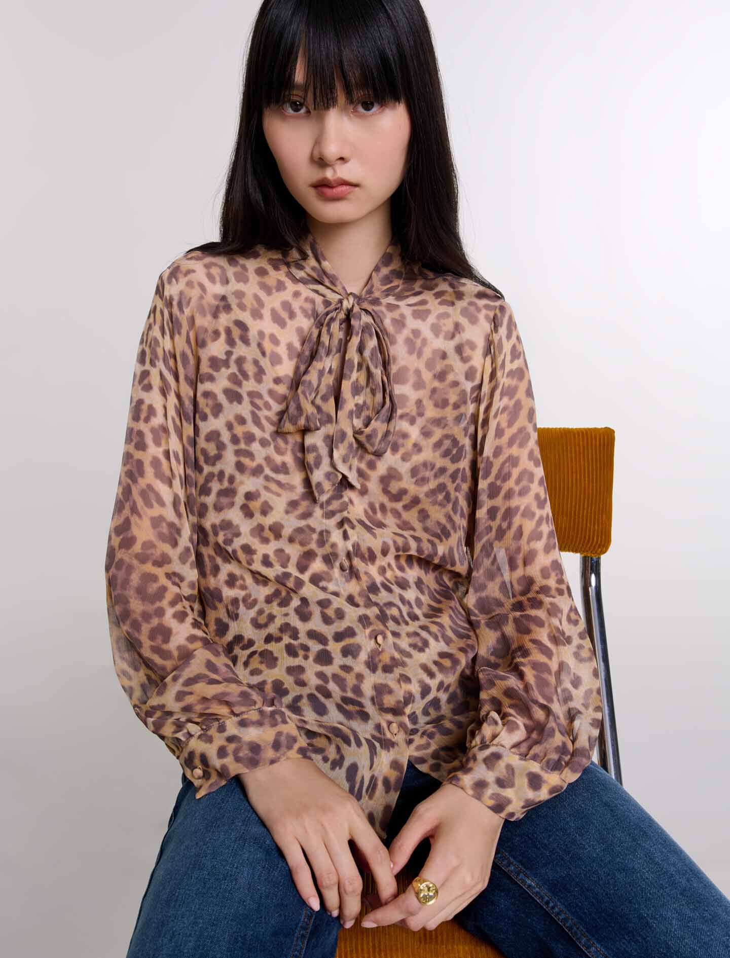 124CEOPARD Patterned pussy bow shirt - Shirts - Maje.com