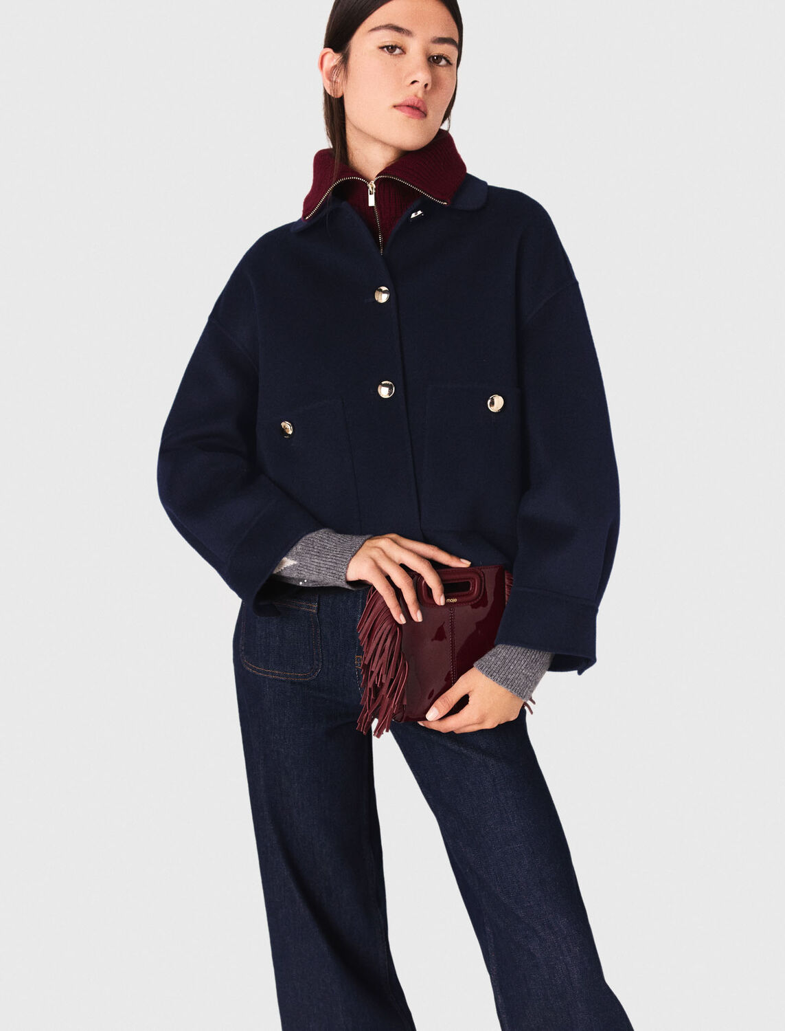 Cropped wool jacket : Coats color Navy