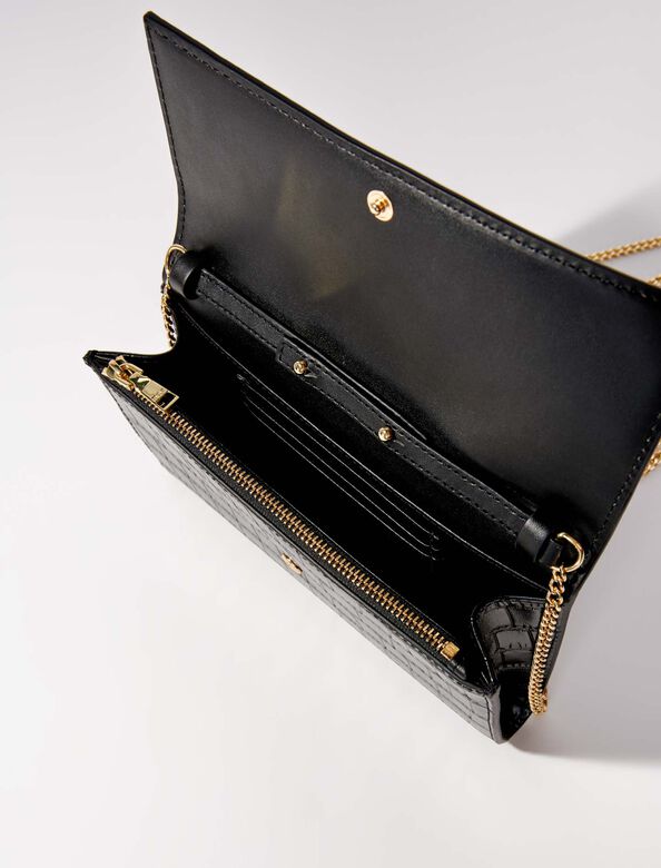 Croc-effect embossed leather bag : Small leather goods color Black