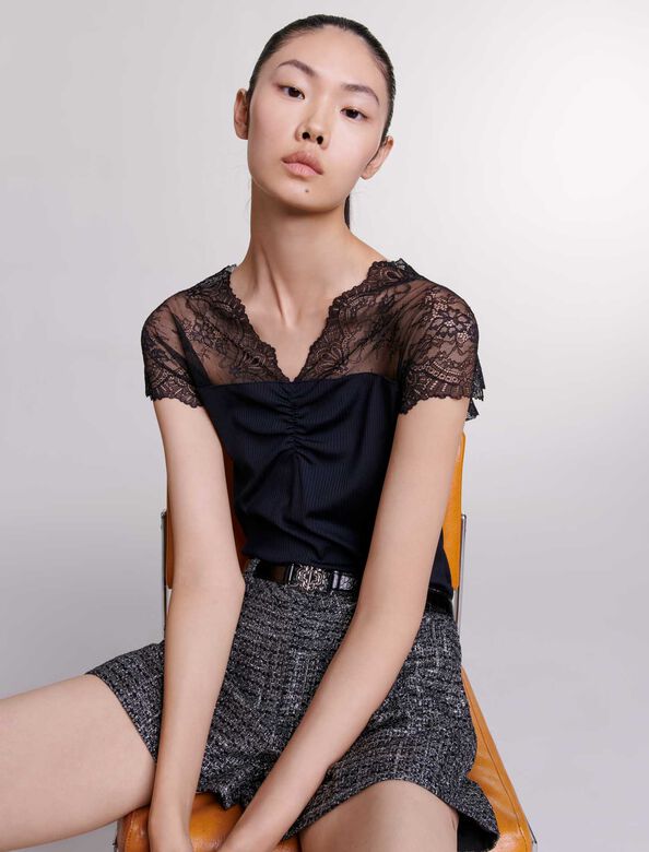 Jersey top with lace trim : Tops color Black