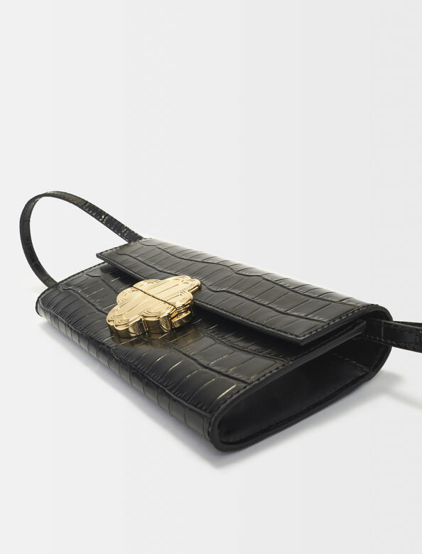 Croc-effect embossed leather bag : Shoulder bags color Black