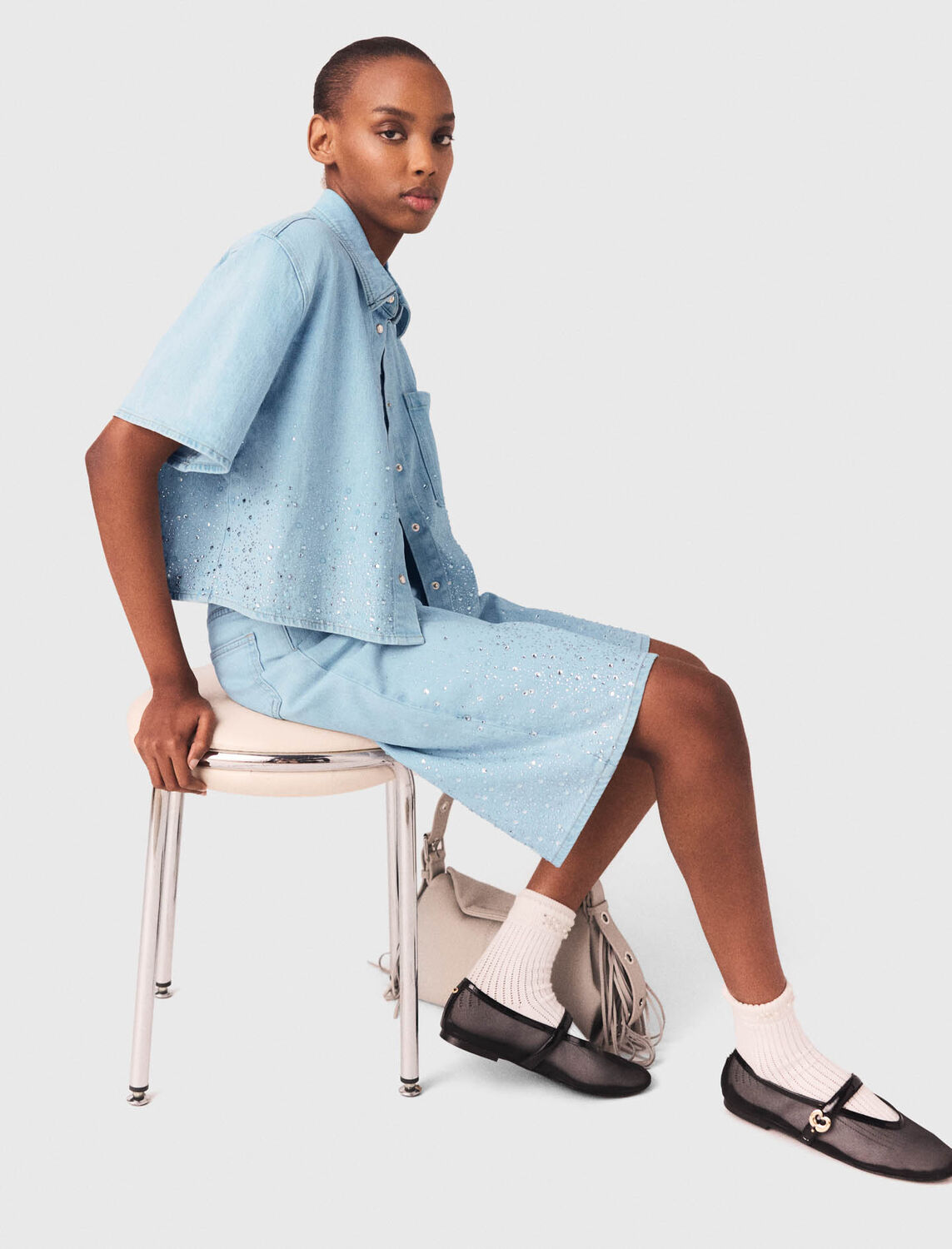 Cropped rhinestone denim shirt - Shirts - MAJE