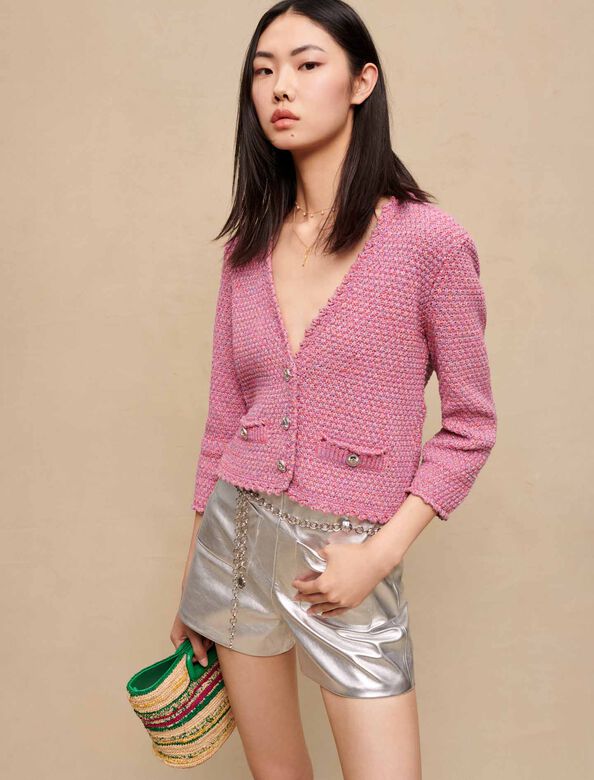 Tweed-effect knit cardigan : Tops color Pink