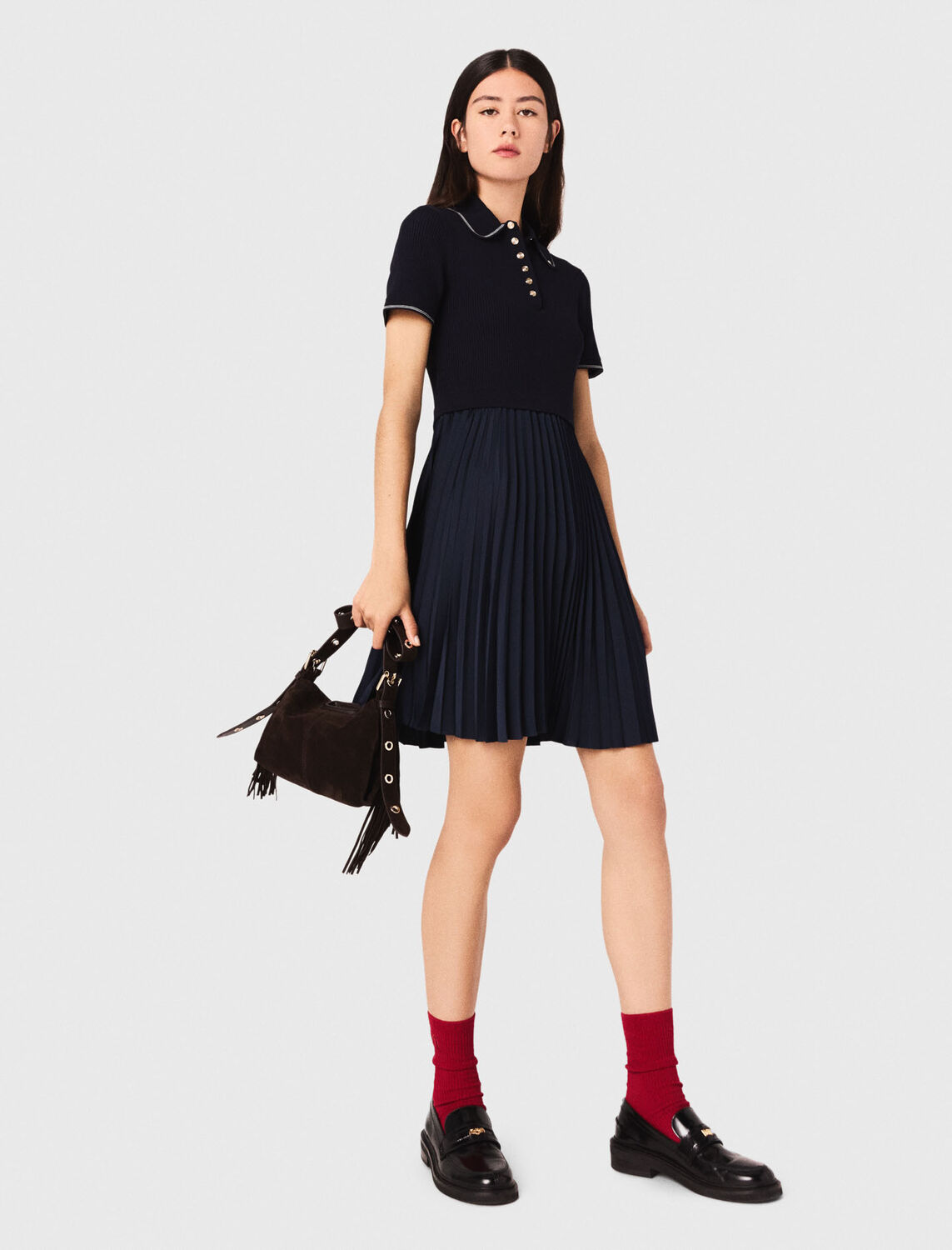 Short pleated polo collar dress : Dresses color Navy