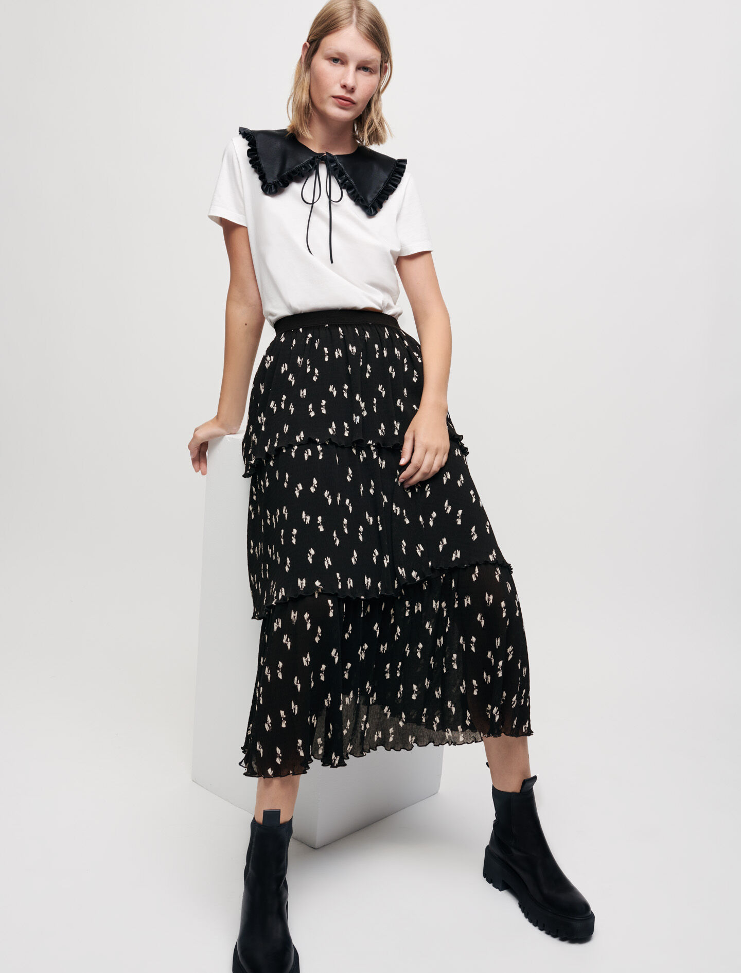 maje printed dress with pleated skirt