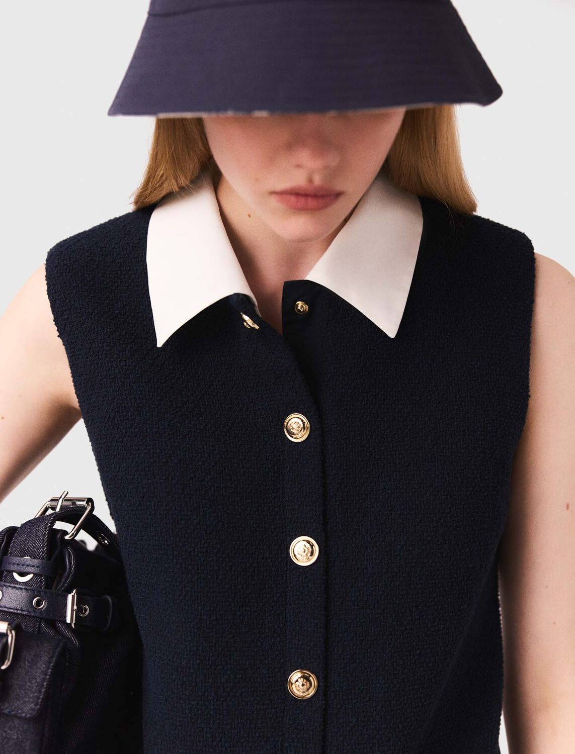 Short tweed dress, removable collar : Dresses color Navy