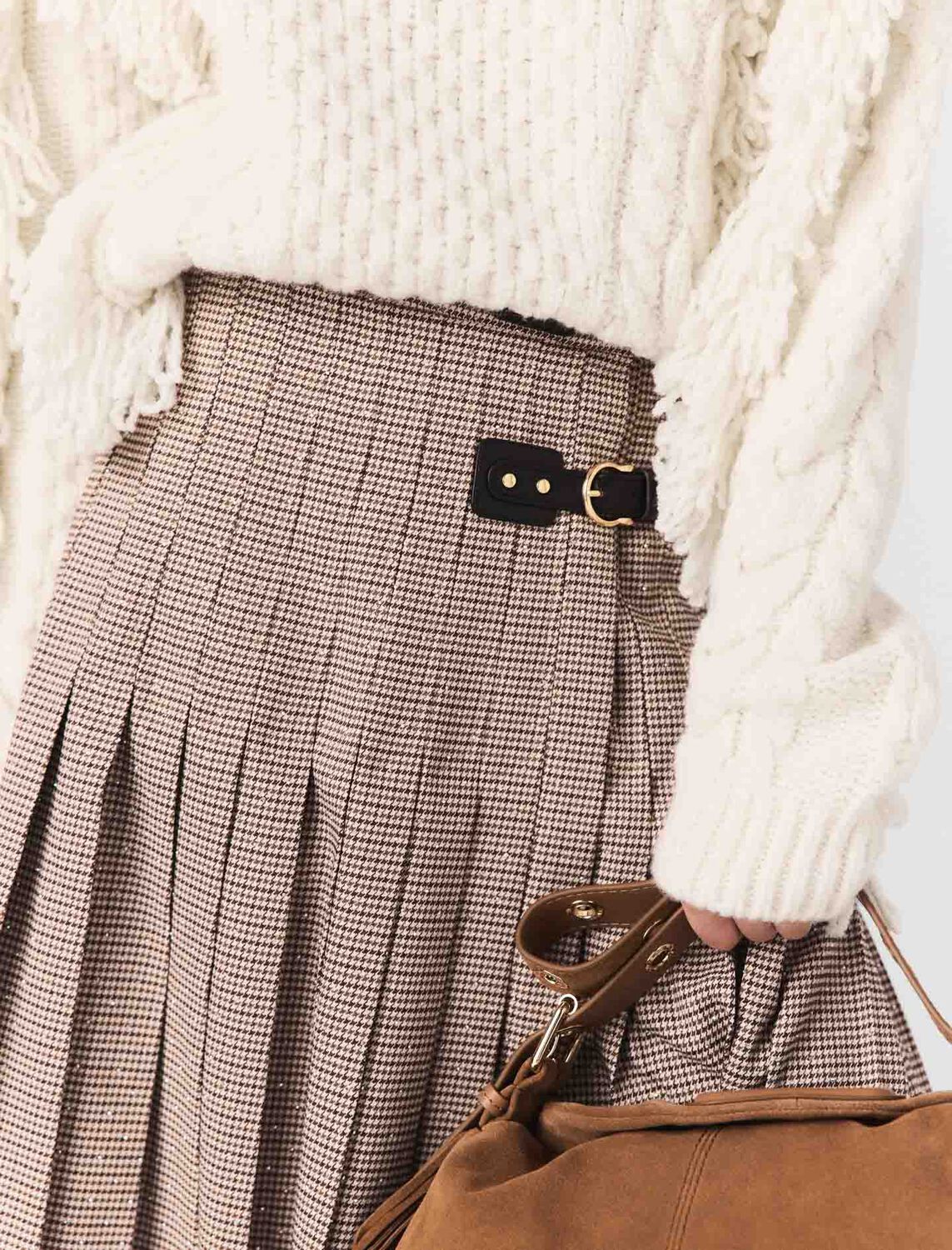 Pleated checked midi skirt : Skirts & Shorts color brown