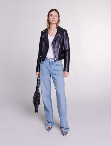 Leather biker jacket : Blazers color Black
