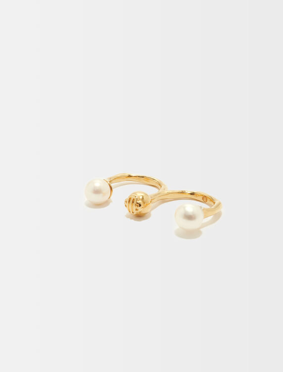 Hammered metal double ring with pearls - Evening capsule collection - MAJE