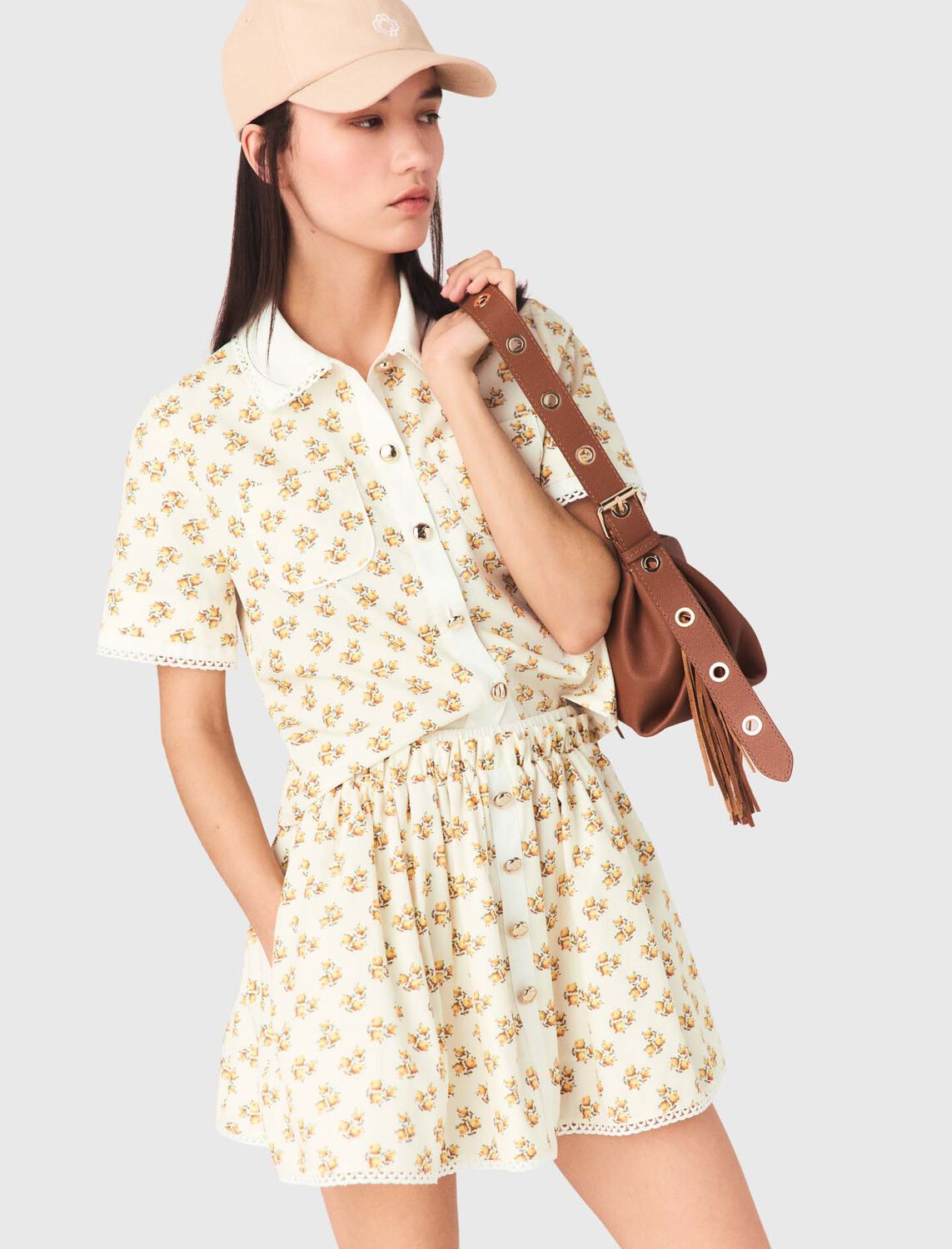 Patterned shirt with croquet trim : Shirts color Yellow Small Flowers Print