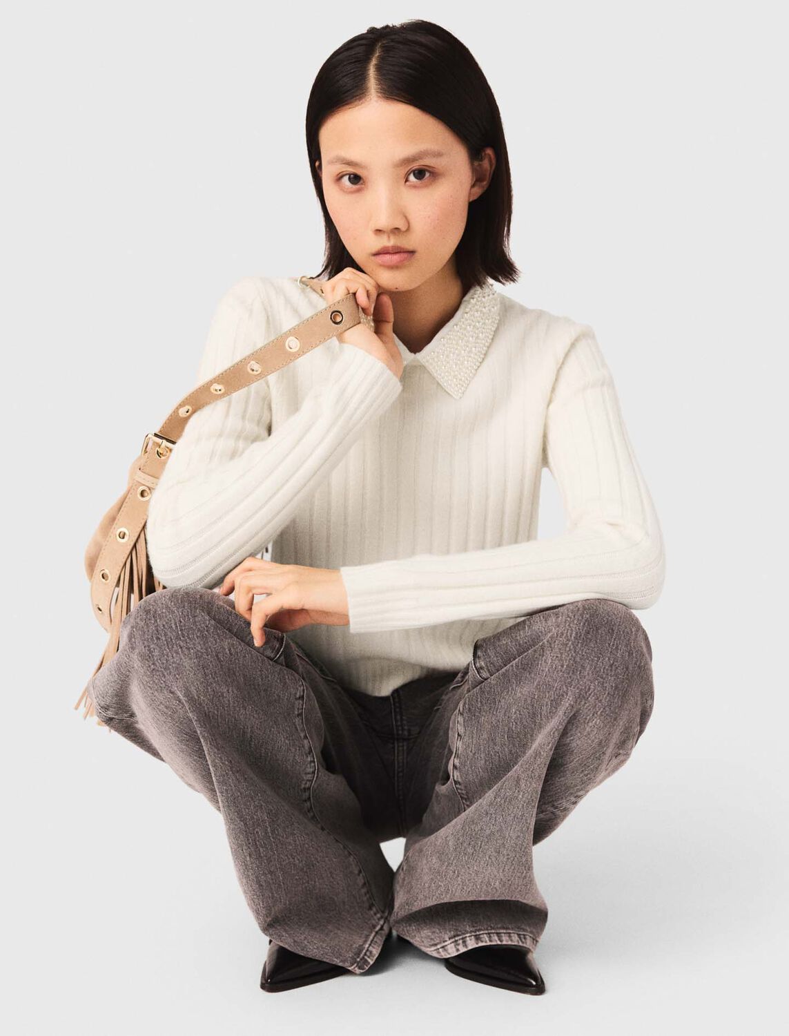 Pearl-collar ribbed jumper : Sweaters & Cardigans color Ecru