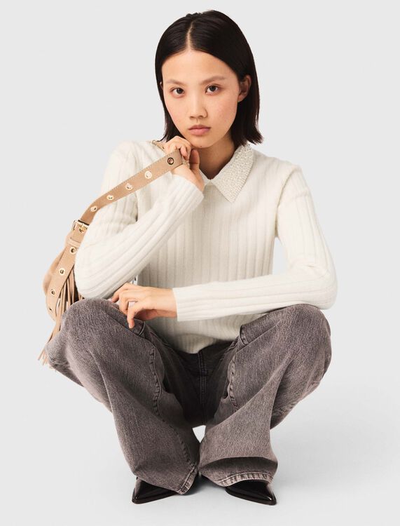 Pearl-collar ribbed jumper - Sweaters & Cardigans - MAJE