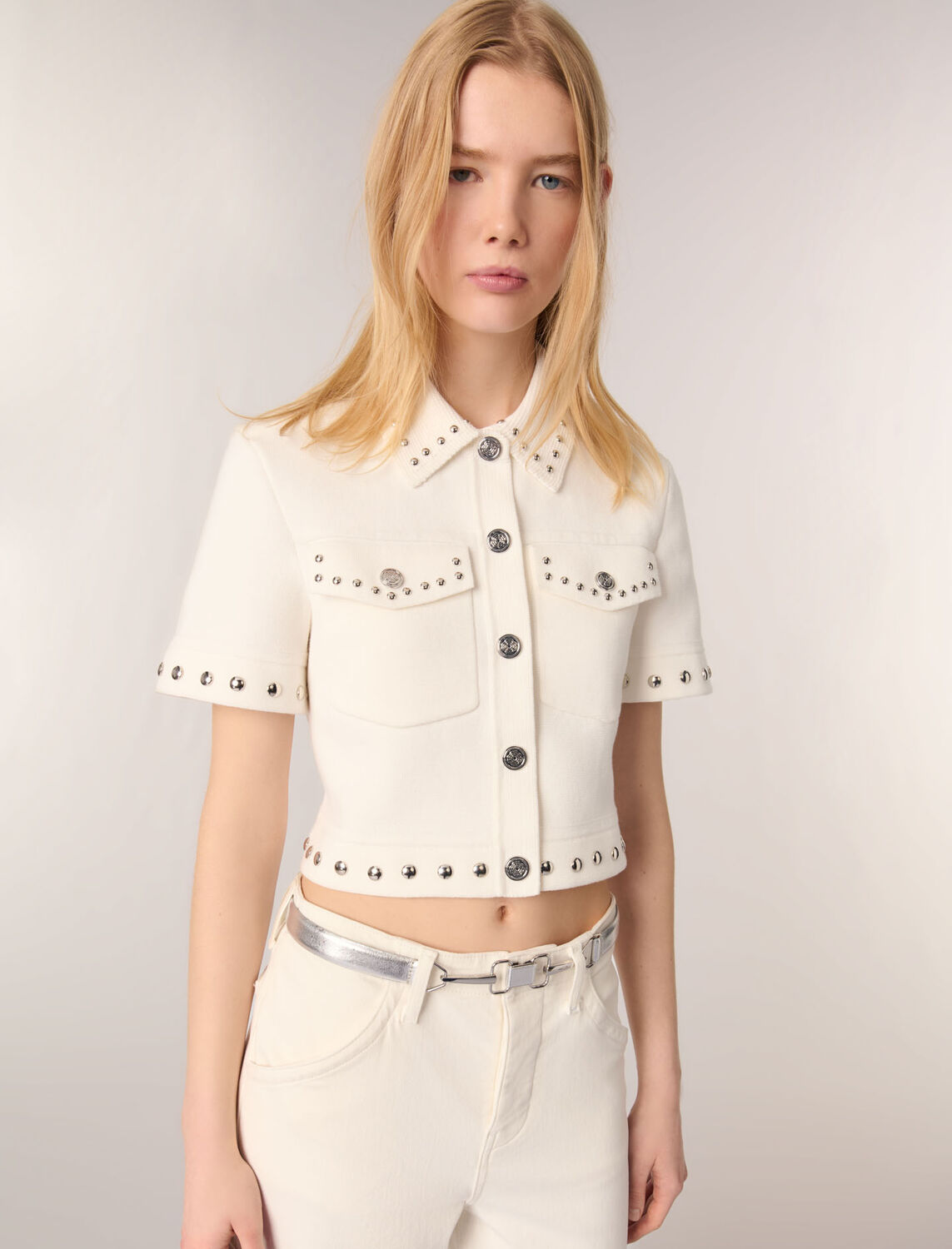Studded cropped cardigan : Sweaters & Cardigans color Ecru