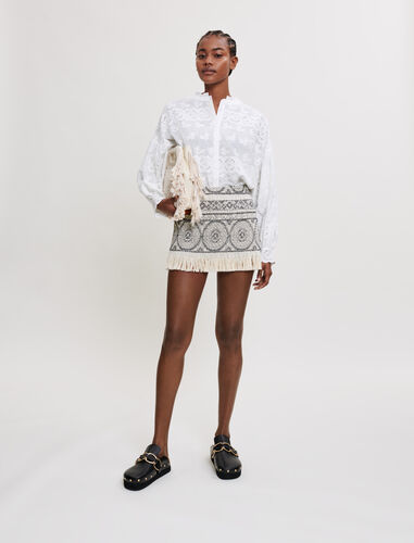 Short jacquard skirt with fringing : Skirts & Shorts color Ecru Black