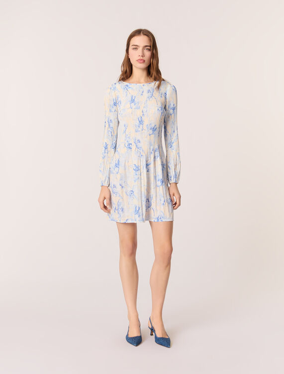 Patterned pleated dress : Dresses color Blue flower print ecru base