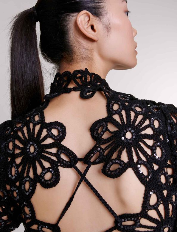 Crochet and sequin backless dress : View All color Black
