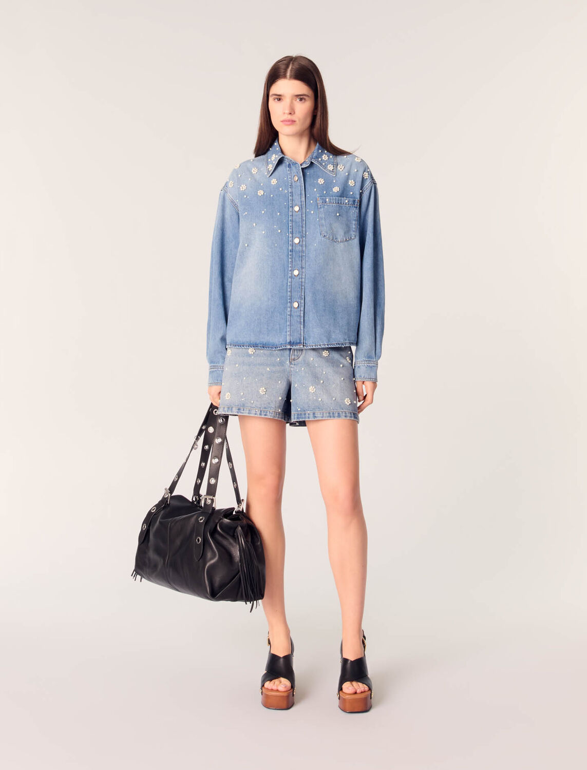 Denim shirt with embroidered beads - Shirts - MAJE