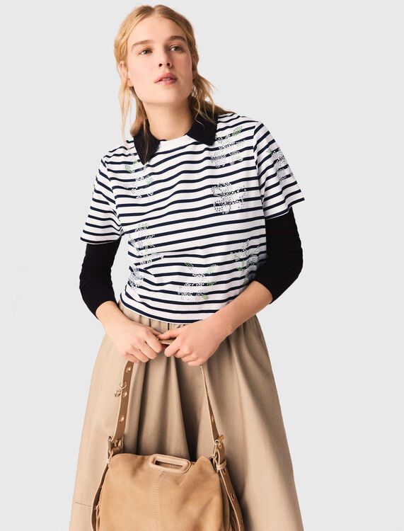 Striped rhinestone flower T-shirt - T-Shirts - MAJE