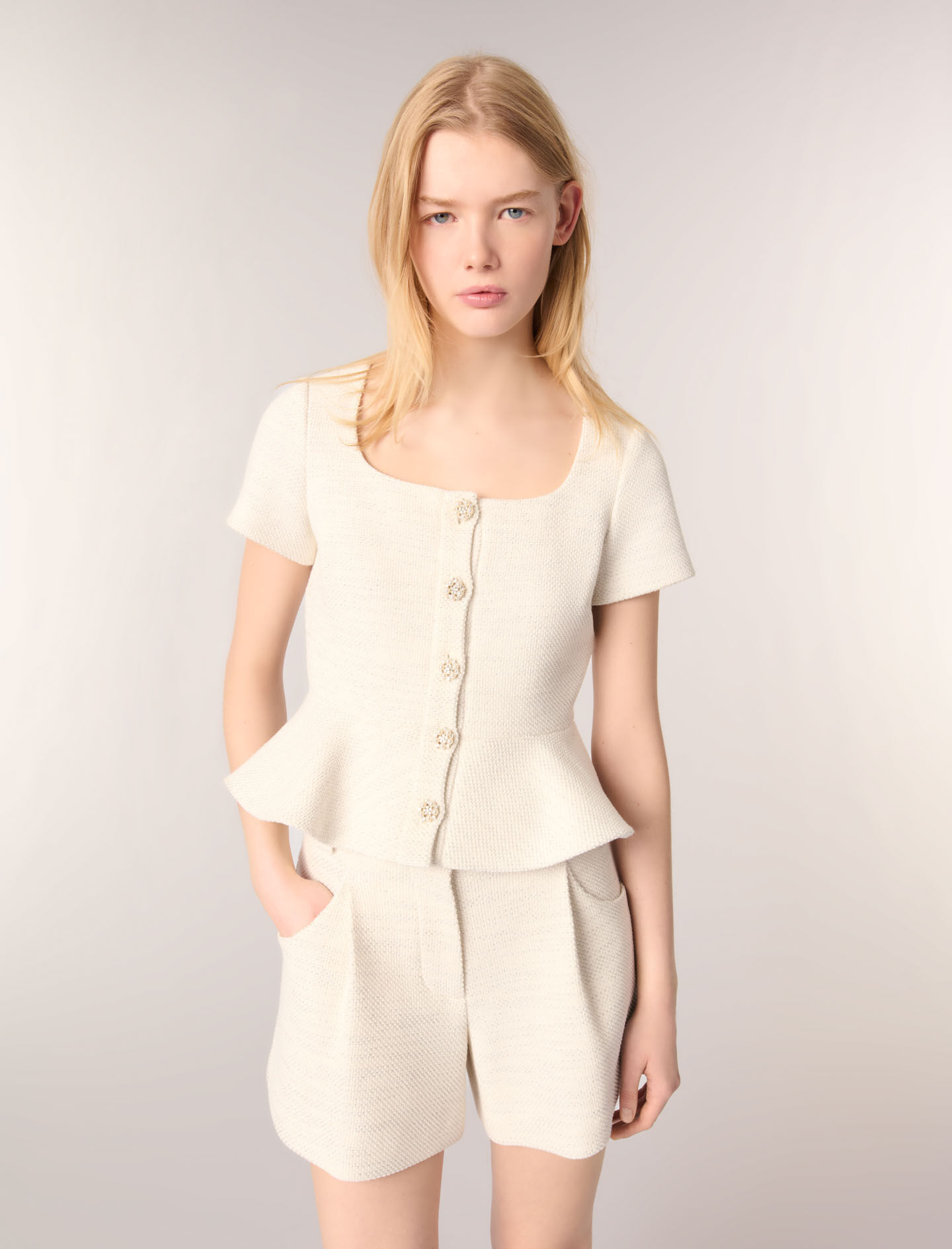 225LOGELIO Tweed and lurex peplum top - Tops - Maje.com