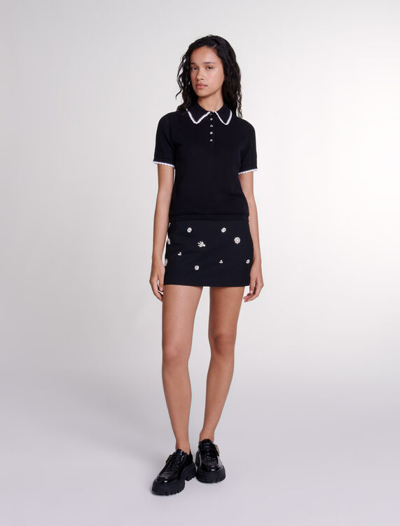 Pointelle knit polo shirt : Sweaters & Cardigans color Black
