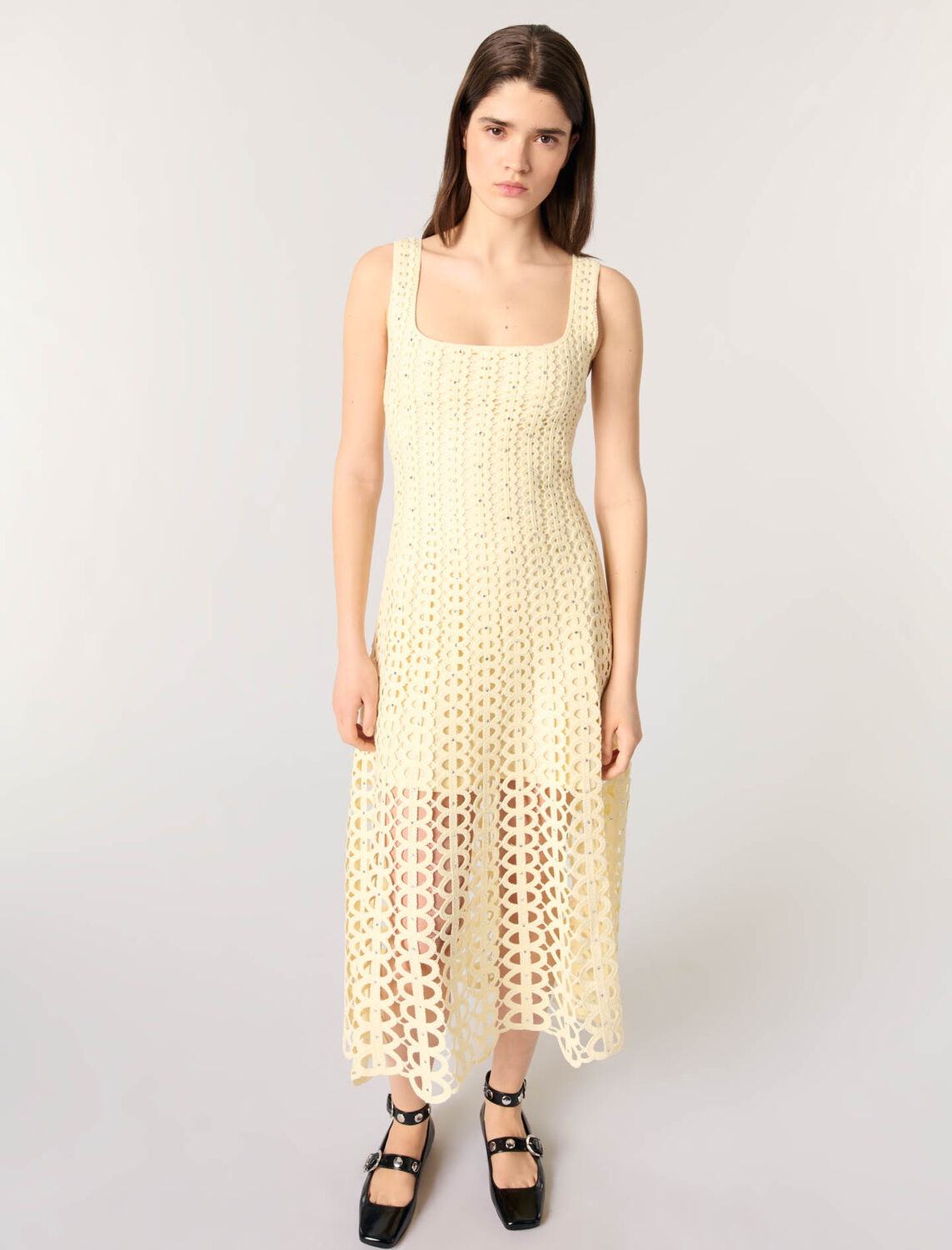 Rhinestone crochet midi dress : Dresses color Yellow