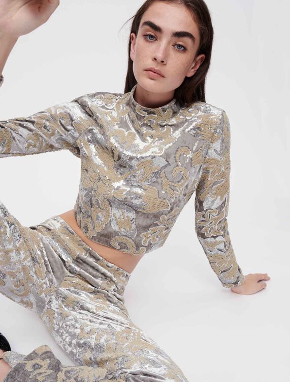 Velvet crop top with sequin embroidery - Up to 50% off - MAJE
