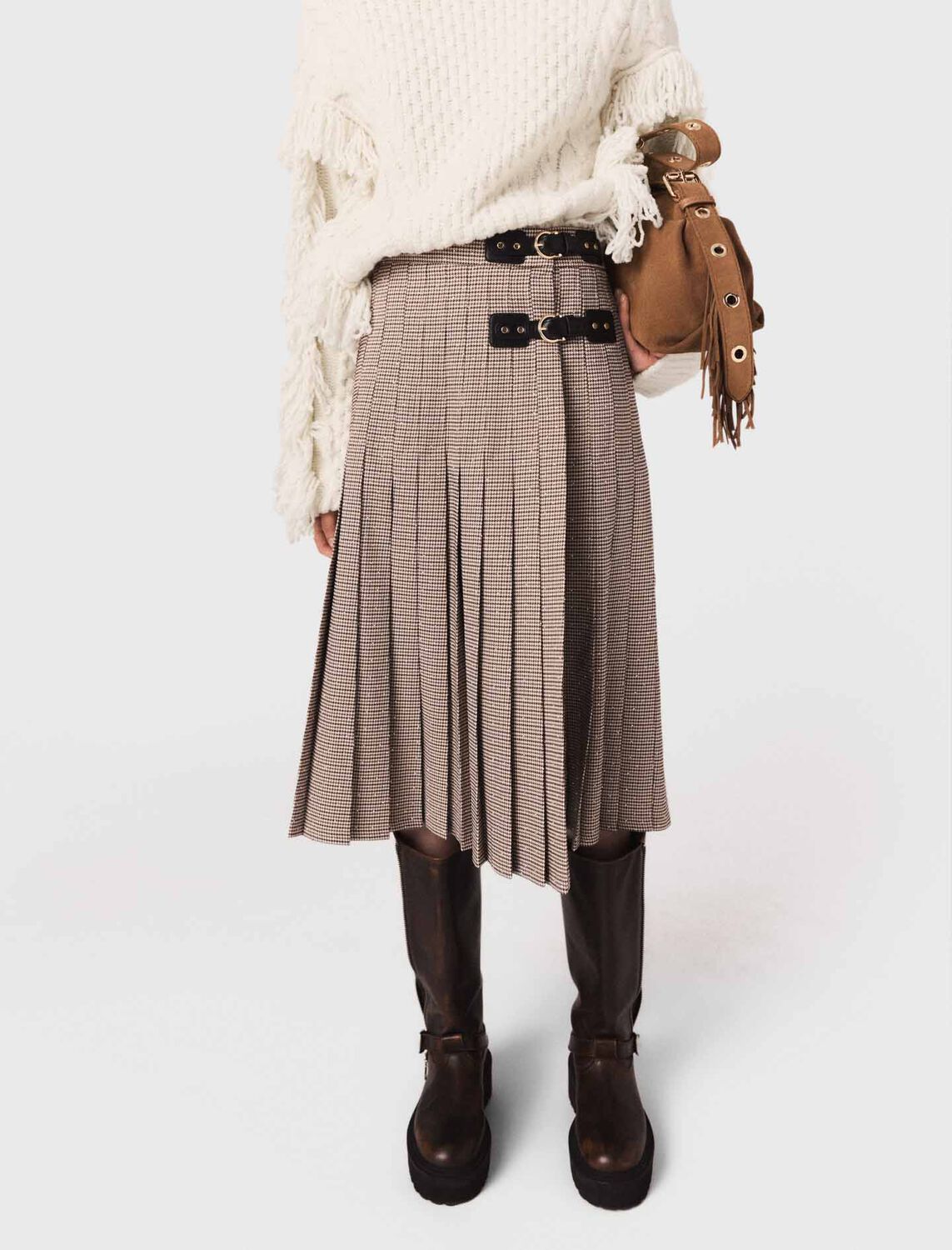 Pleated checked midi skirt : Skirts & Shorts color brown