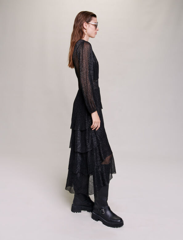 Pleated stretch lamé dress with ruffles : Dresses color Black