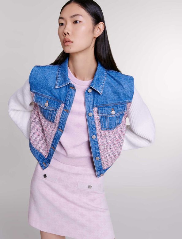 Denim and tweed cropped jacket : Blazers & Jackets color Pink/Ecru