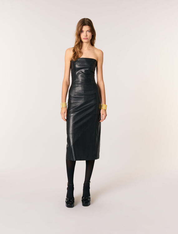 Bustier stretch leather midi dress : Dresses color Black