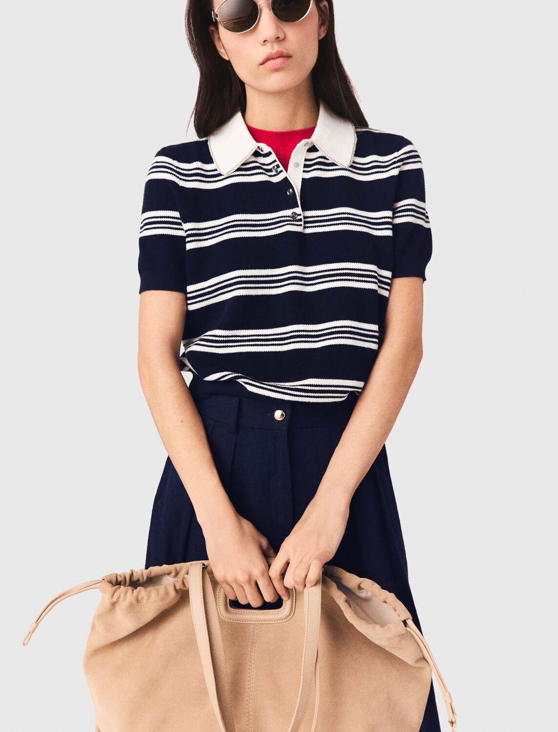 Striped polo with rhinestone collar : Sweaters & Cardigans color Ecru/Navy Blue