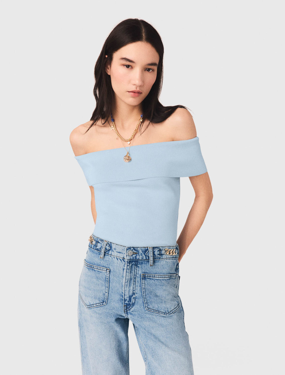 Bardot rib knit top : Tops color Blue Sky