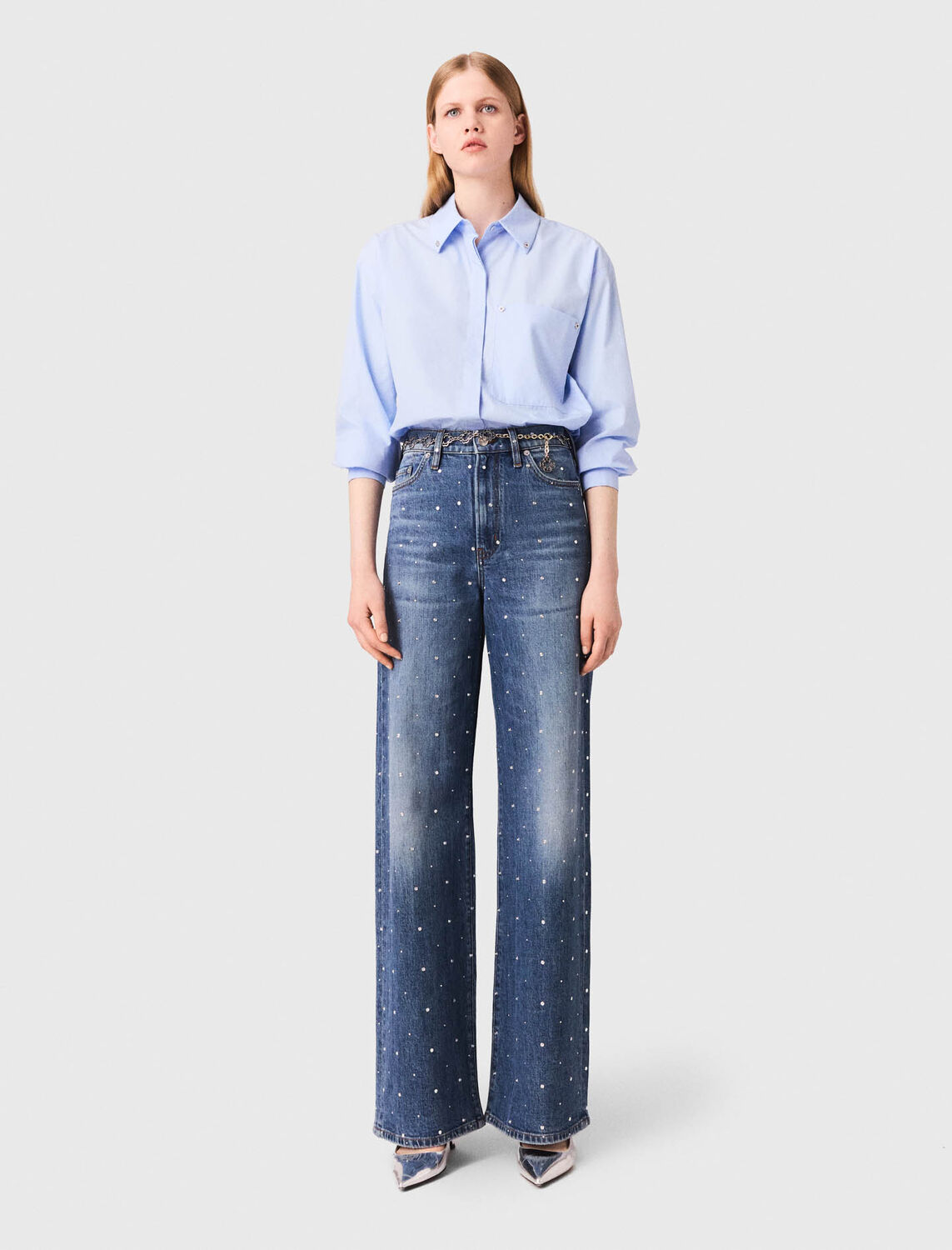 Wide-leg denim jeans with studs - Trousers & Jeans - MAJE