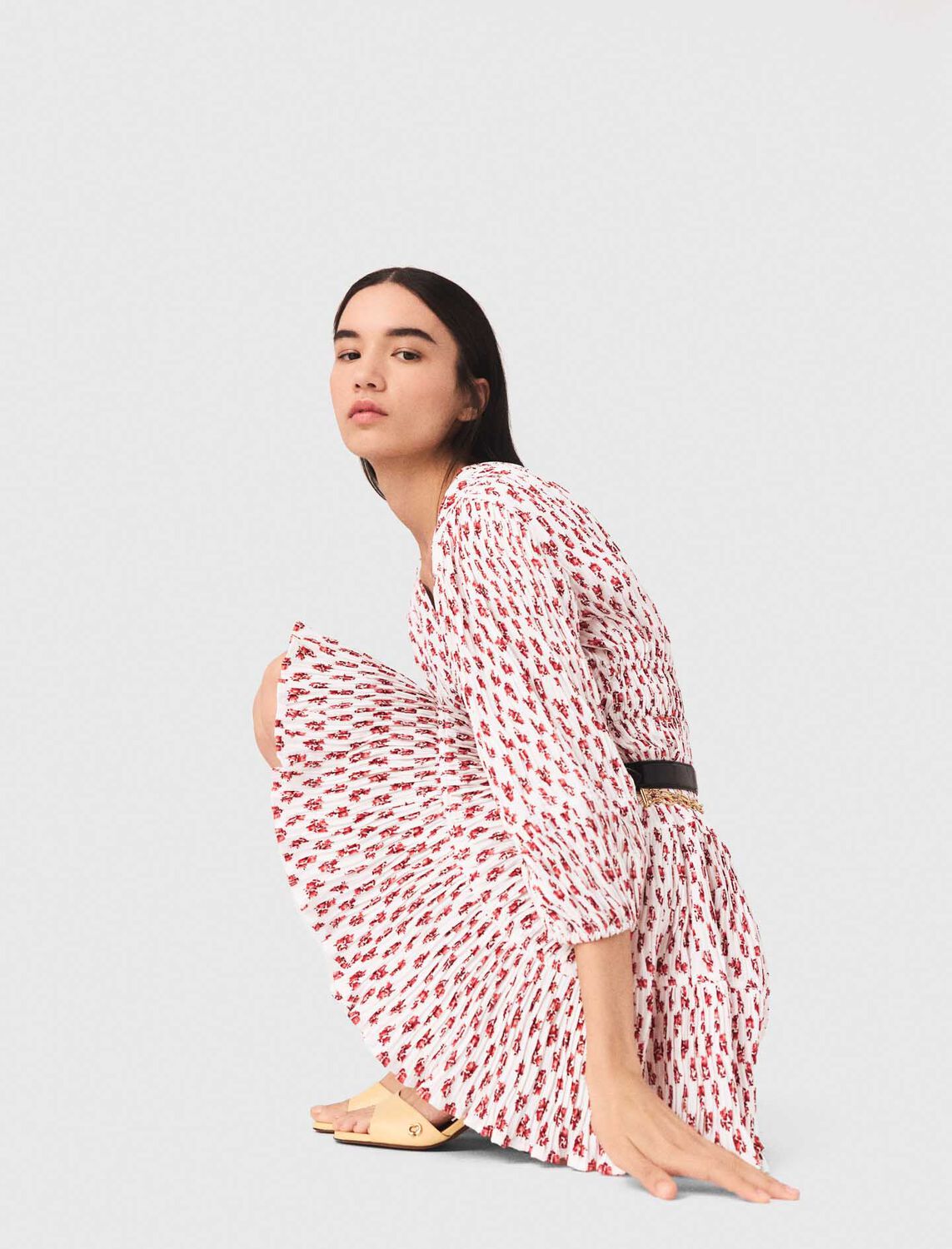 Patterned pleated dress : Dresses color Red Small Flowers Print